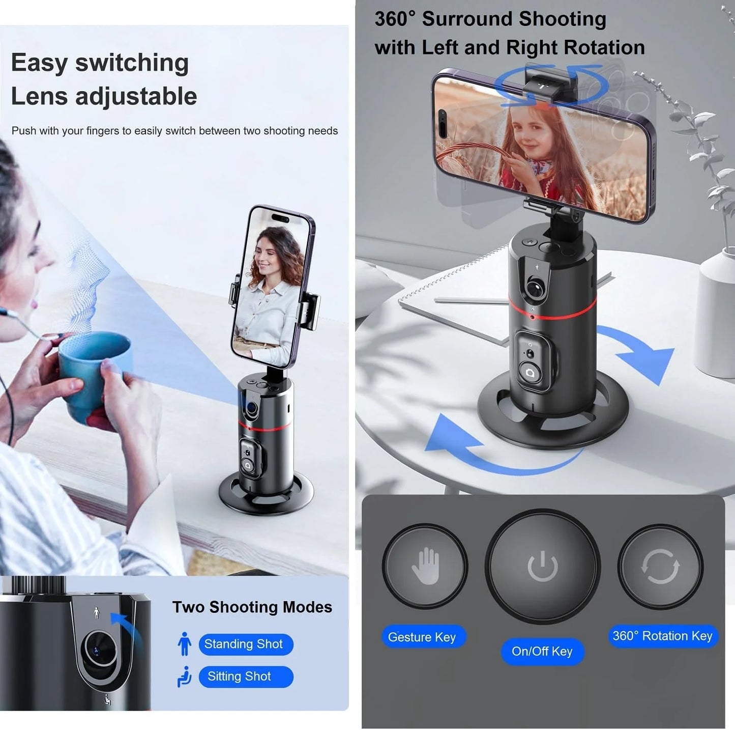 Auto Face Tracking Tripod with 360° Rotation for Selfie and Live Streaming - No App Required, Compatible with TikTok, Vlogs, and YouTube Videos