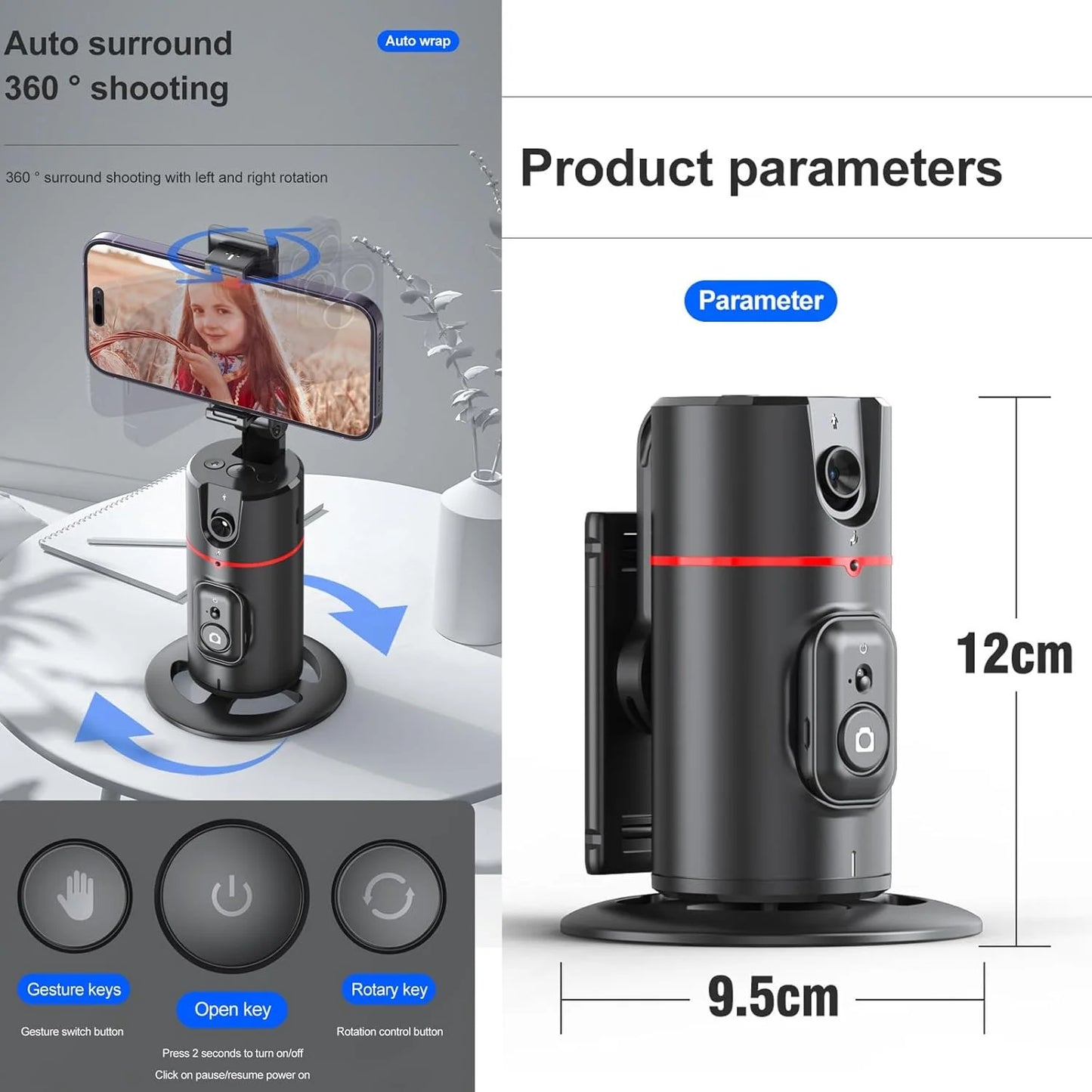 Auto Face Tracking Tripod with 360° Rotation for Selfie and Live Streaming - No App Required, Compatible with TikTok, Vlogs, and YouTube Videos