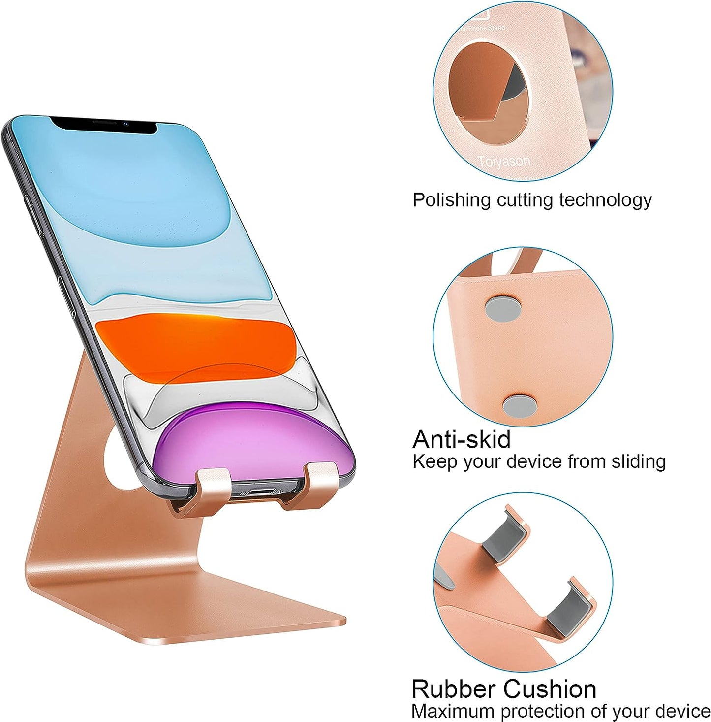 Cell Phone Stand and Desk Holder, Cradle and Dock for 4-8 Inch Phones, Ideal for Office, Kitchen, and Travel - T1 Rose Gold