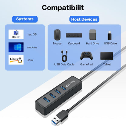 H302S USB 3.0 Hub with 2-Foot Cable - Multi-Port Expander for Fast Data Transfer, Compatible with Windows PC, Mac, Printers, and Mobile HDDs