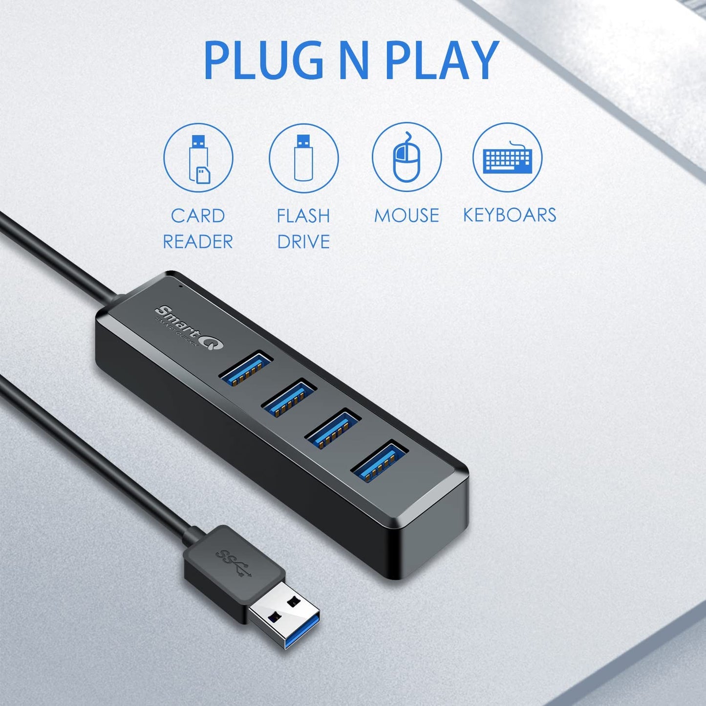 H302S USB 3.0 Hub with 2-Foot Cable - Multi-Port Expander for Fast Data Transfer, Compatible with Windows PC, Mac, Printers, and Mobile HDDs