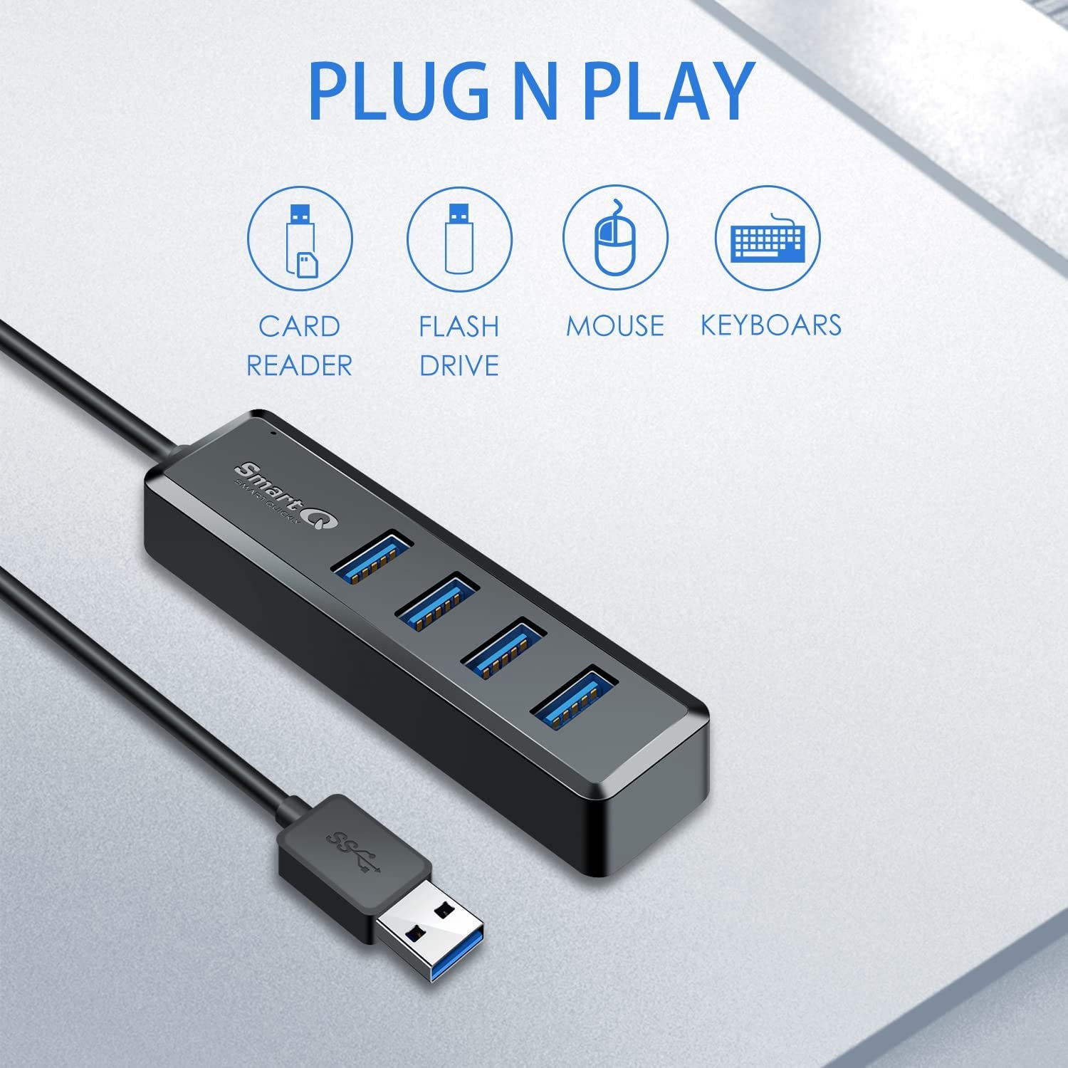 H302S USB 3.0 Hub with 2-Foot Cable - Multi-Port Expander for Fast Data Transfer, Compatible with Windows PC, Mac, Printers, and Mobile HDDs