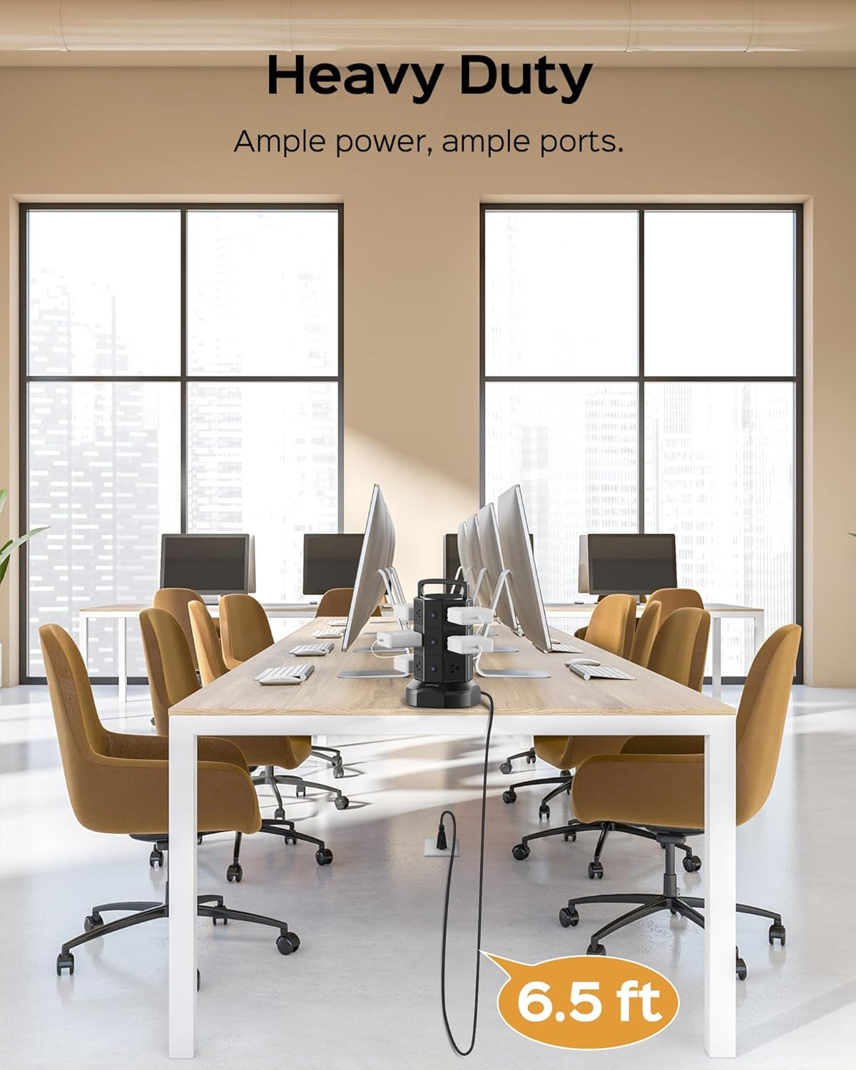 Surge Protector Power Strip Tower with 12 Outlets and 6 USB Ports, 1625W 13A Charging Station with 6.5Ft Heavy Duty Extension Cord for Home, Office, and Dorm Use - Black