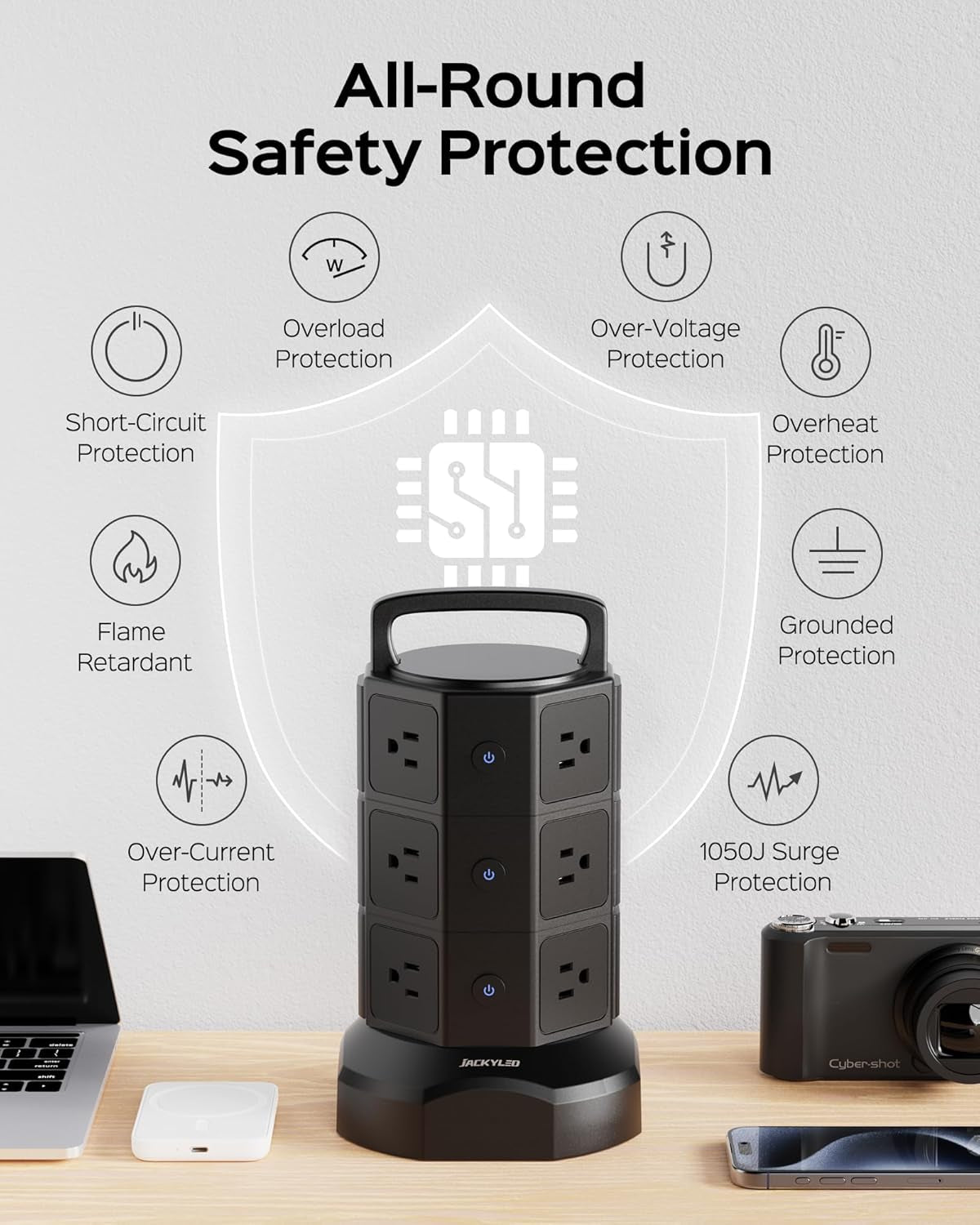 Surge Protector Power Strip Tower with 12 Outlets and 6 USB Ports, 1625W 13A Charging Station with 6.5Ft Heavy Duty Extension Cord for Home, Office, and Dorm Use - Black