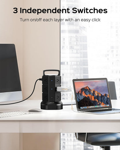 Surge Protector Power Strip Tower with 12 Outlets and 6 USB Ports, 1625W 13A Charging Station with 6.5Ft Heavy Duty Extension Cord for Home, Office, and Dorm Use - Black