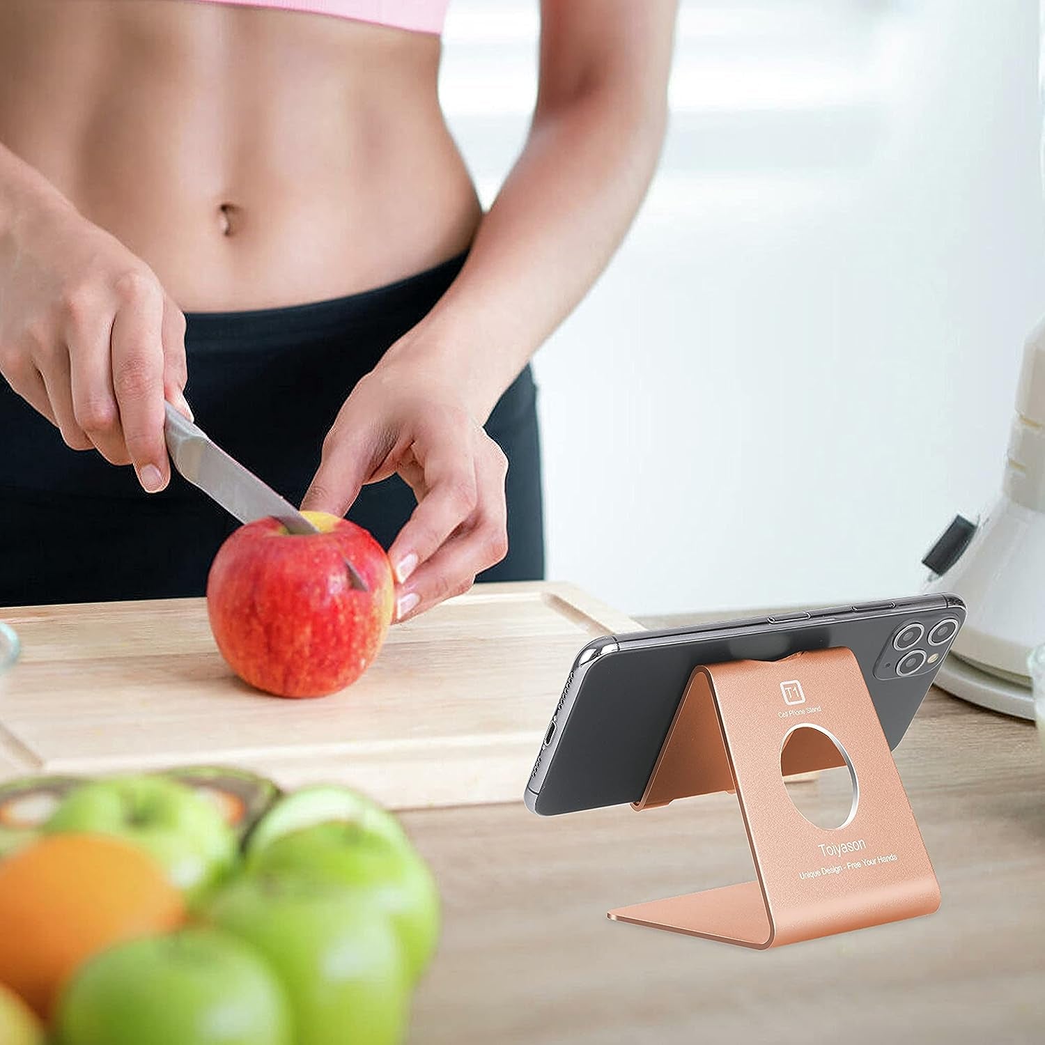 Cell Phone Stand and Desk Holder, Cradle and Dock for 4-8 Inch Phones, Ideal for Office, Kitchen, and Travel - T1 Rose Gold