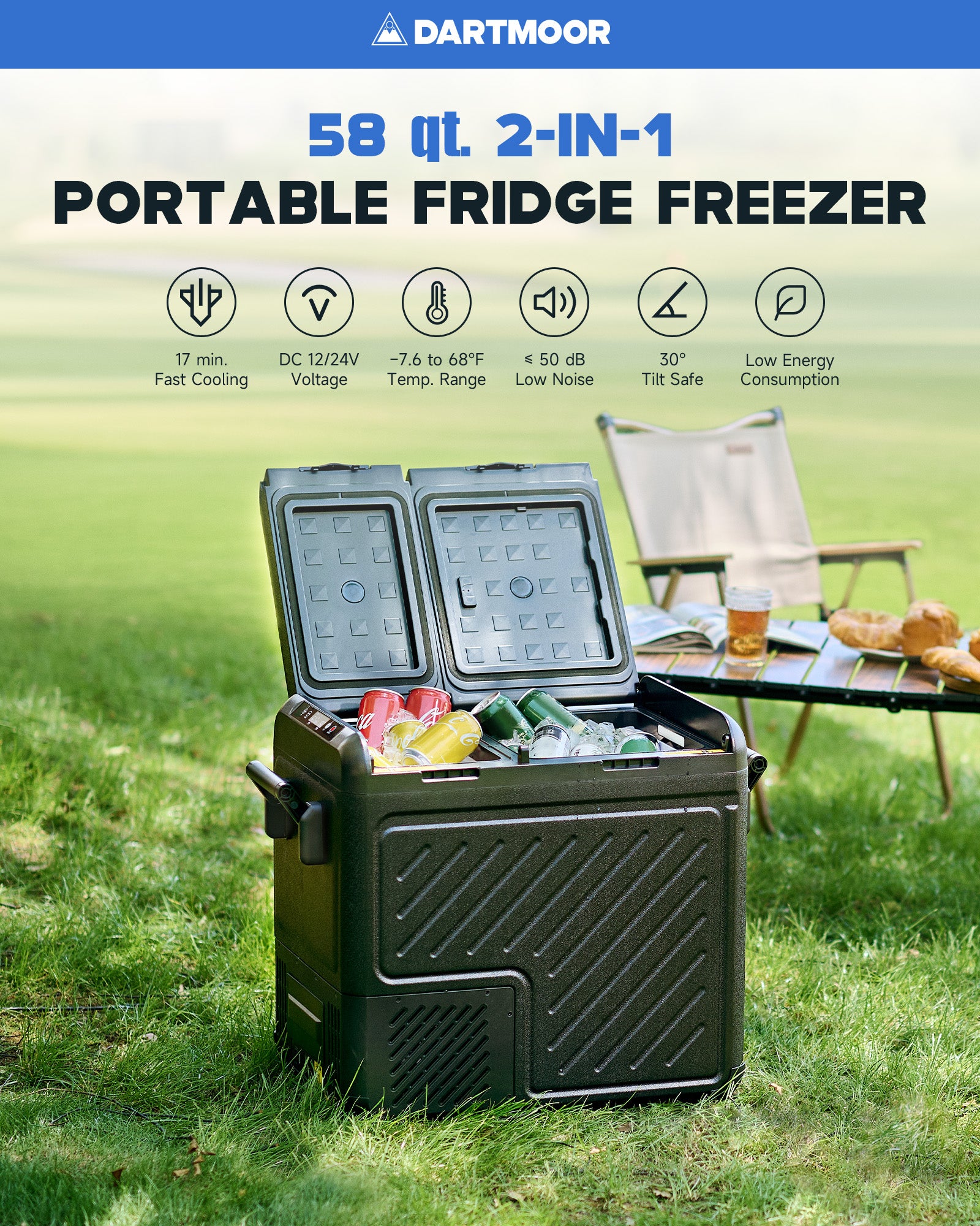 58 Quart Dual Zone Portable Car Refrigerator and Freezer with DC and AC Power Options