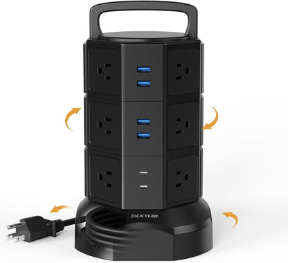 Surge Protector Power Strip Tower with 12 Outlets and 6 USB Ports, 1625W 13A Charging Station with 6.5Ft Heavy Duty Extension Cord for Home, Office, and Dorm Use - Black