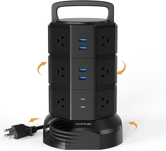 Surge Protector Power Strip Tower with 12 Outlets and 6 USB Ports, 1625W 13A Charging Station with 6.5Ft Heavy Duty Extension Cord for Home, Office, and Dorm Use - Black