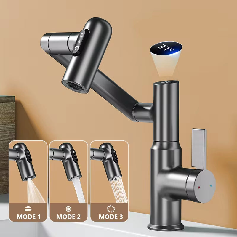 Digital Display LED Bathroom Basin Faucet with 360-Degree Rotation and Multi-Function Stream Sprayer for Hot and Cold Water Mixing