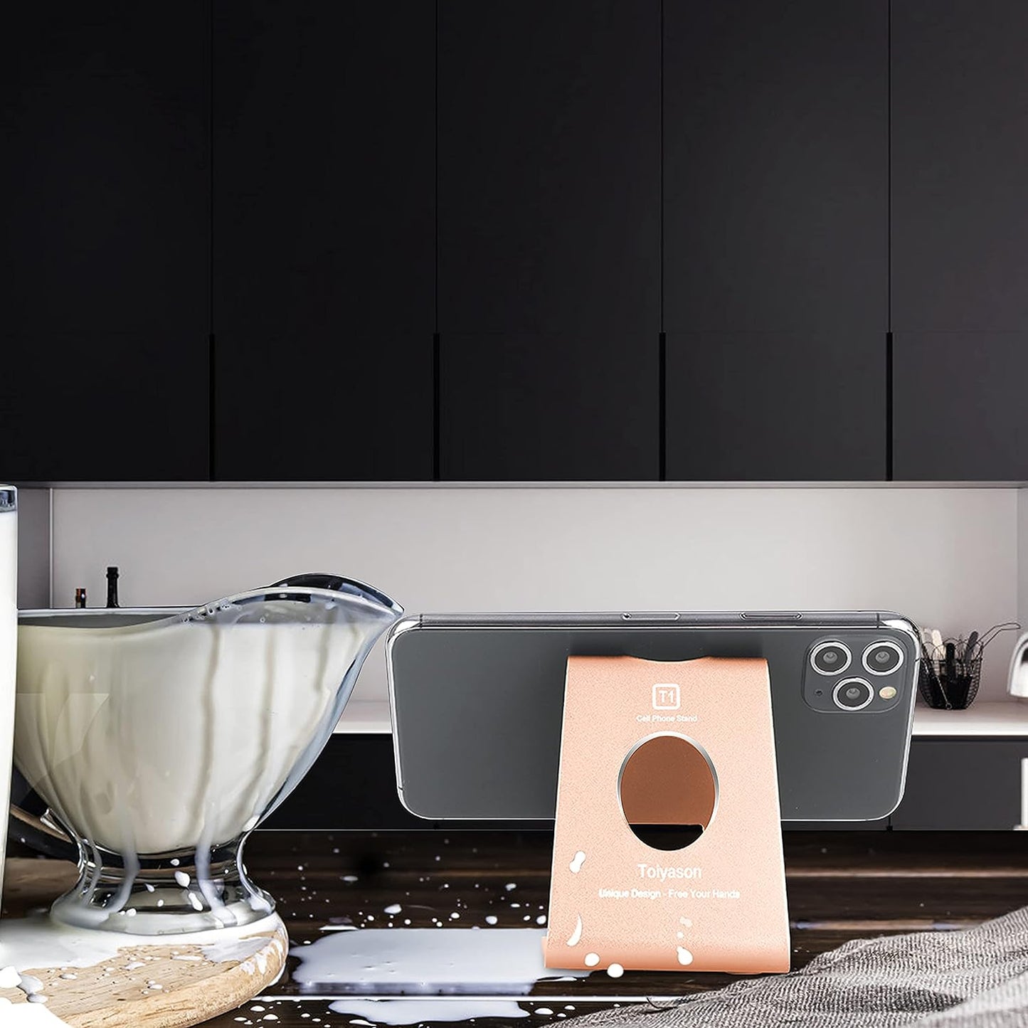 Cell Phone Stand and Desk Holder, Cradle and Dock for 4-8 Inch Phones, Ideal for Office, Kitchen, and Travel - T1 Rose Gold