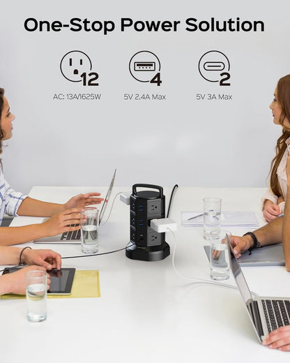 Surge Protector Power Strip Tower with 12 Outlets and 6 USB Ports, 1625W 13A Charging Station with 6.5Ft Heavy Duty Extension Cord for Home, Office, and Dorm Use - Black