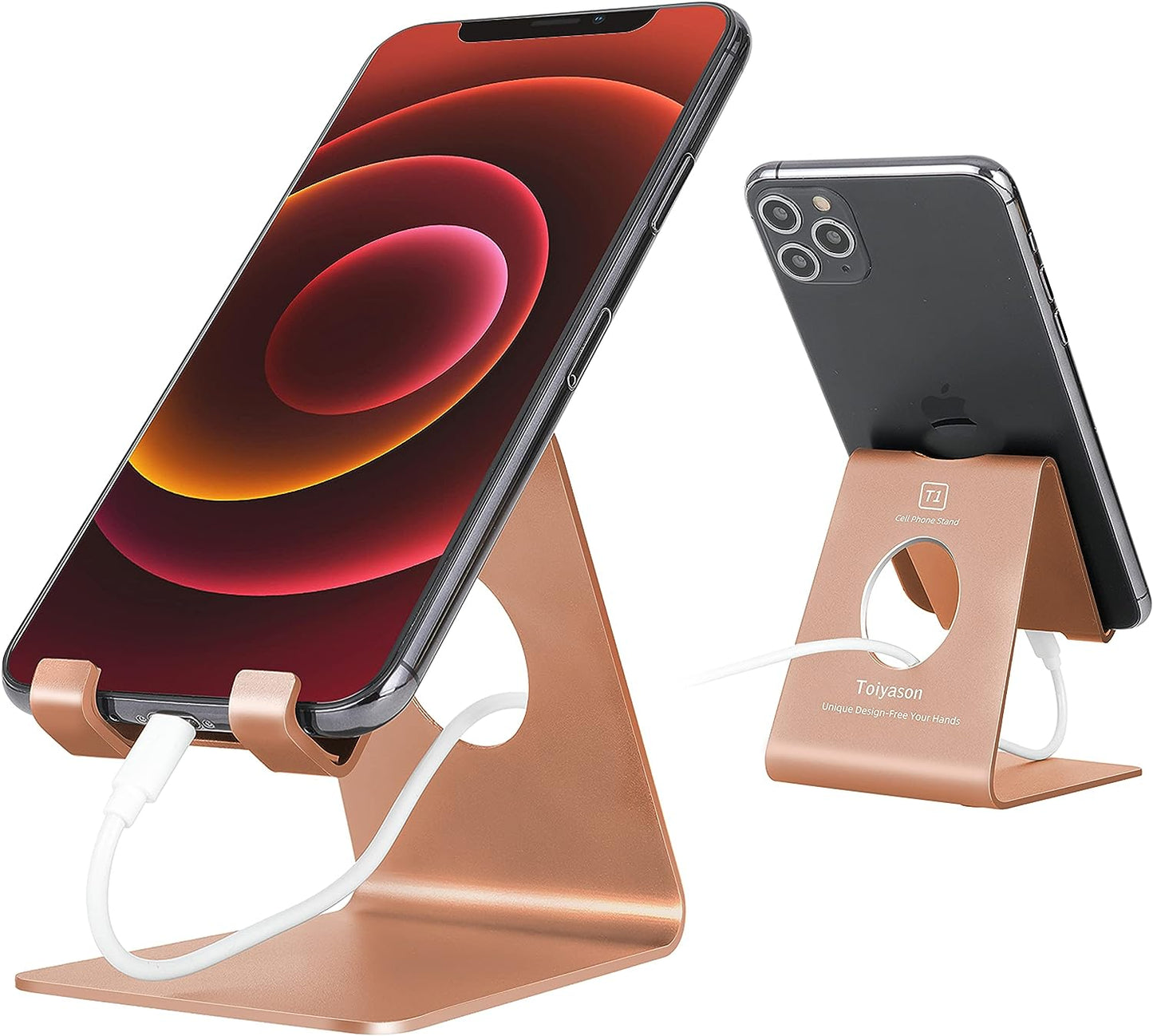 Cell Phone Stand and Desk Holder, Cradle and Dock for 4-8 Inch Phones, Ideal for Office, Kitchen, and Travel - T1 Rose Gold