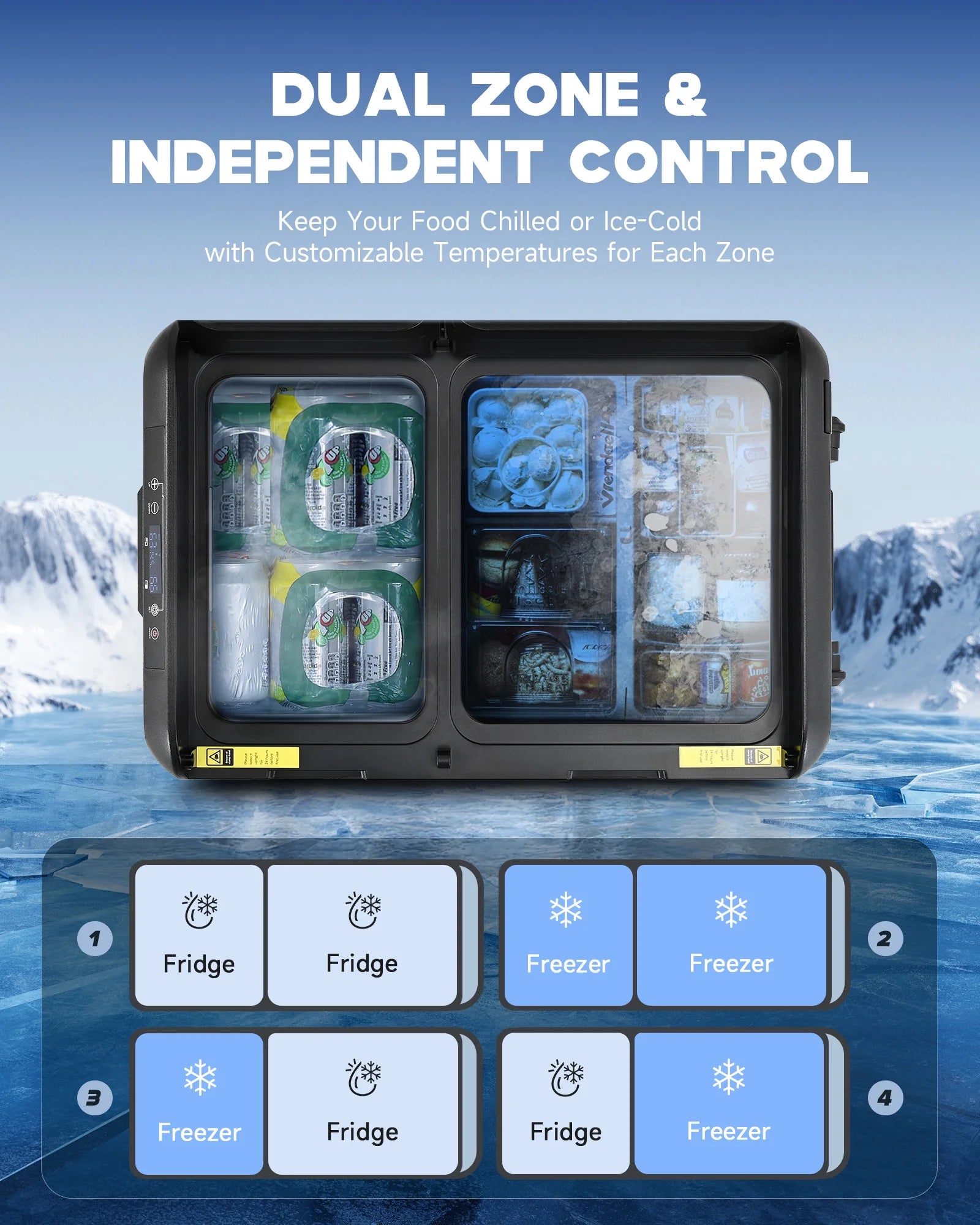 58 Quart Dual Zone Portable Car Refrigerator and Freezer with DC and AC Power Options