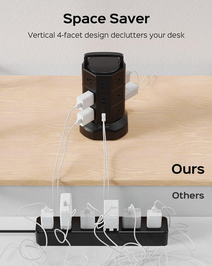 Surge Protector Power Strip Tower with 12 Outlets and 6 USB Ports, 1625W 13A Charging Station with 6.5Ft Heavy Duty Extension Cord for Home, Office, and Dorm Use - Black